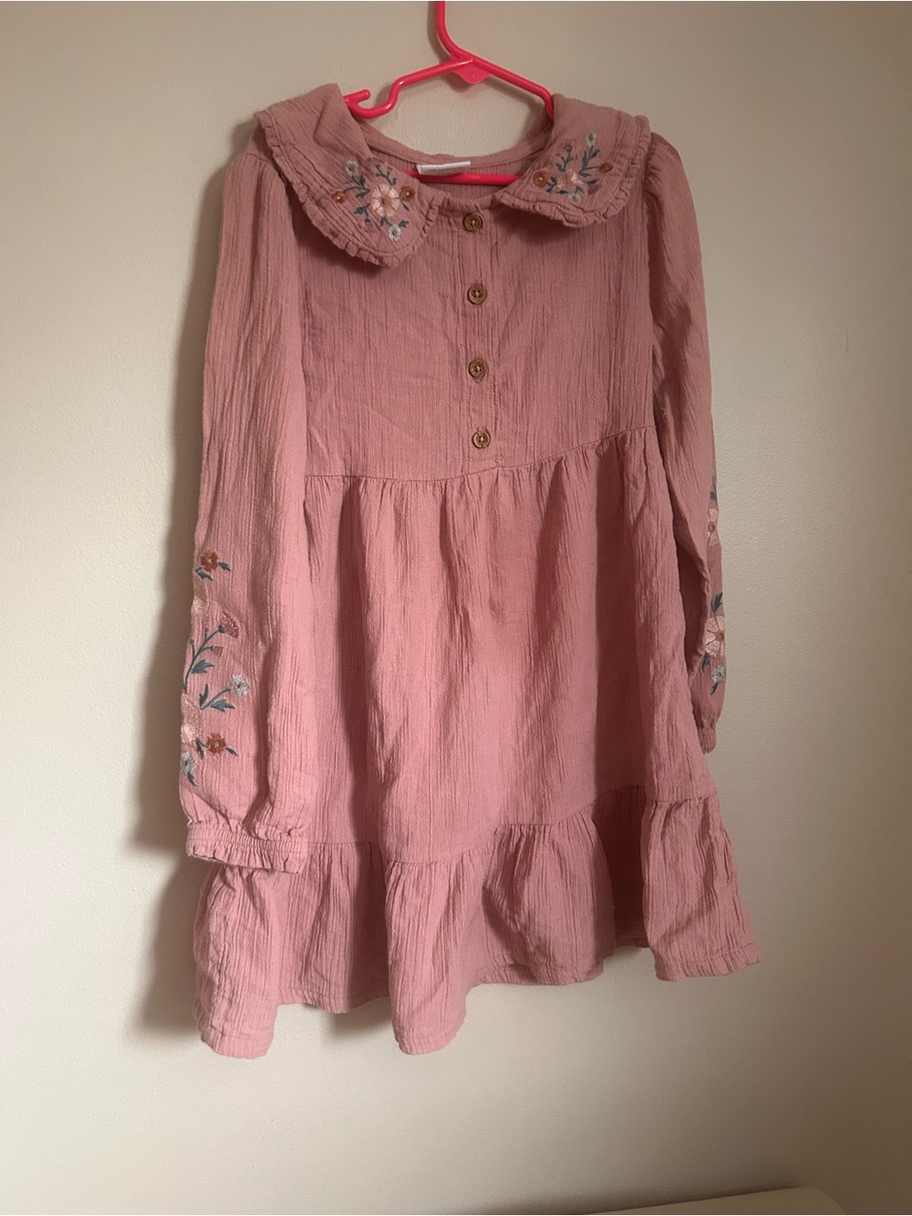 Girls' Dusty Pink Floral-Embroidered Long-Sleeve Dress